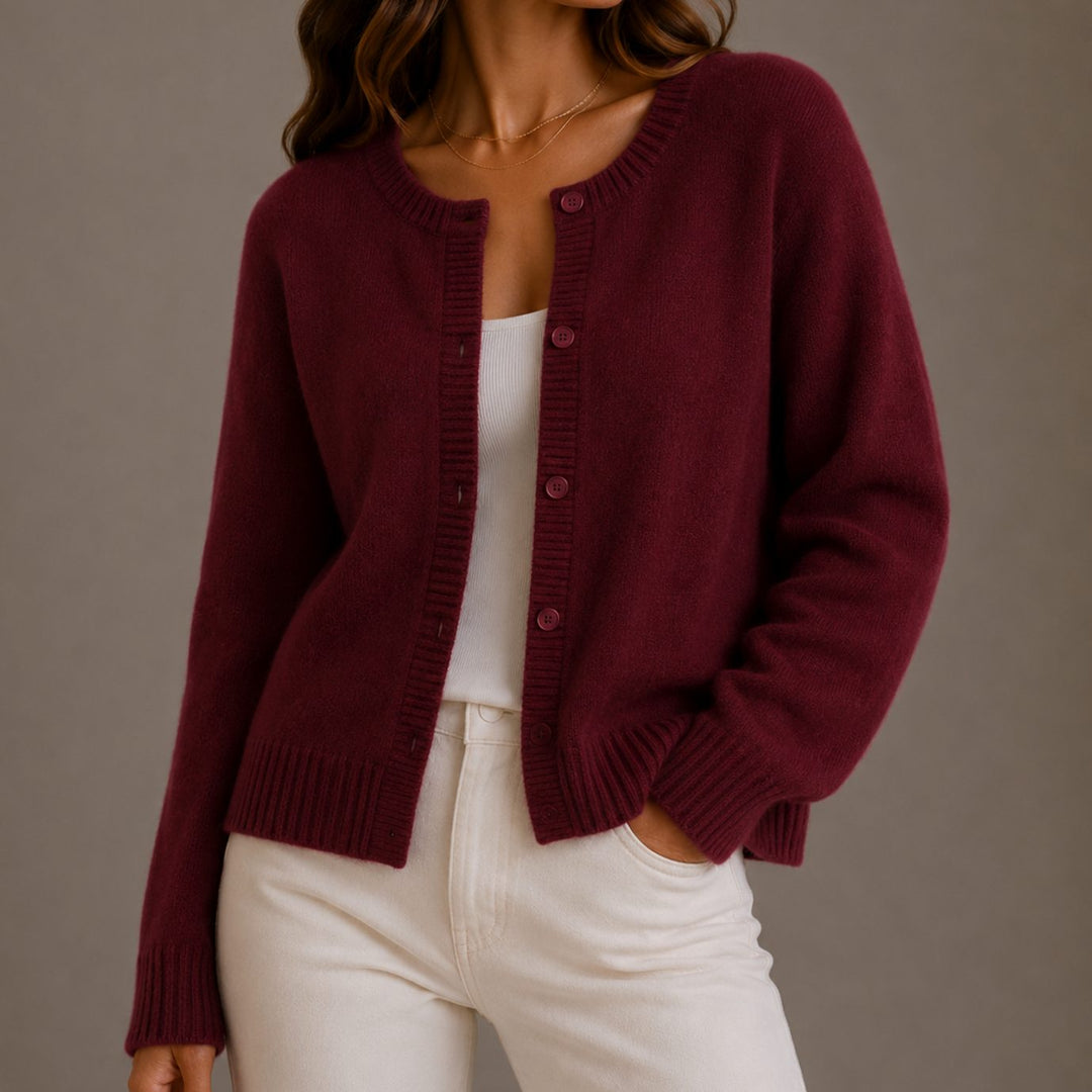 Women's Relaxed-Fit Button-Up Round Neck Knit Cardigan - Red Carpet