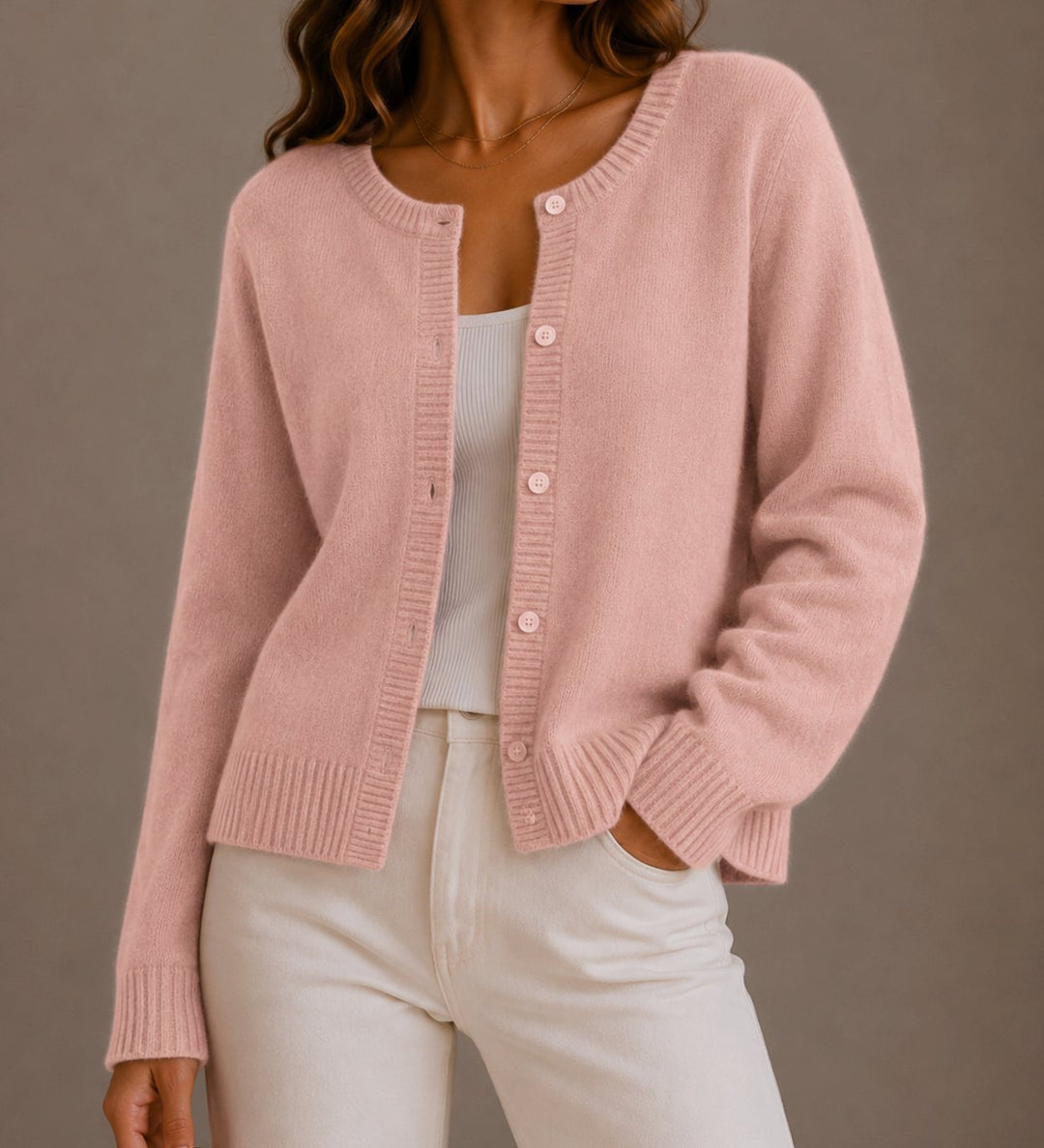 Women's Relaxed-Fit Button-Up Round Neck Knit Cardigan - Pink