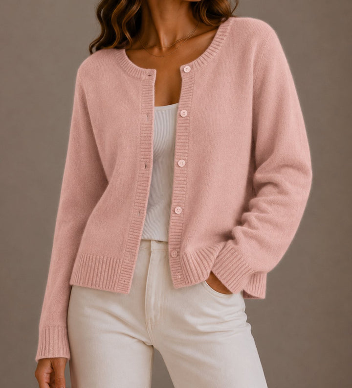 Women's Relaxed-Fit Button-Up Round Neck Knit Cardigan - Pink