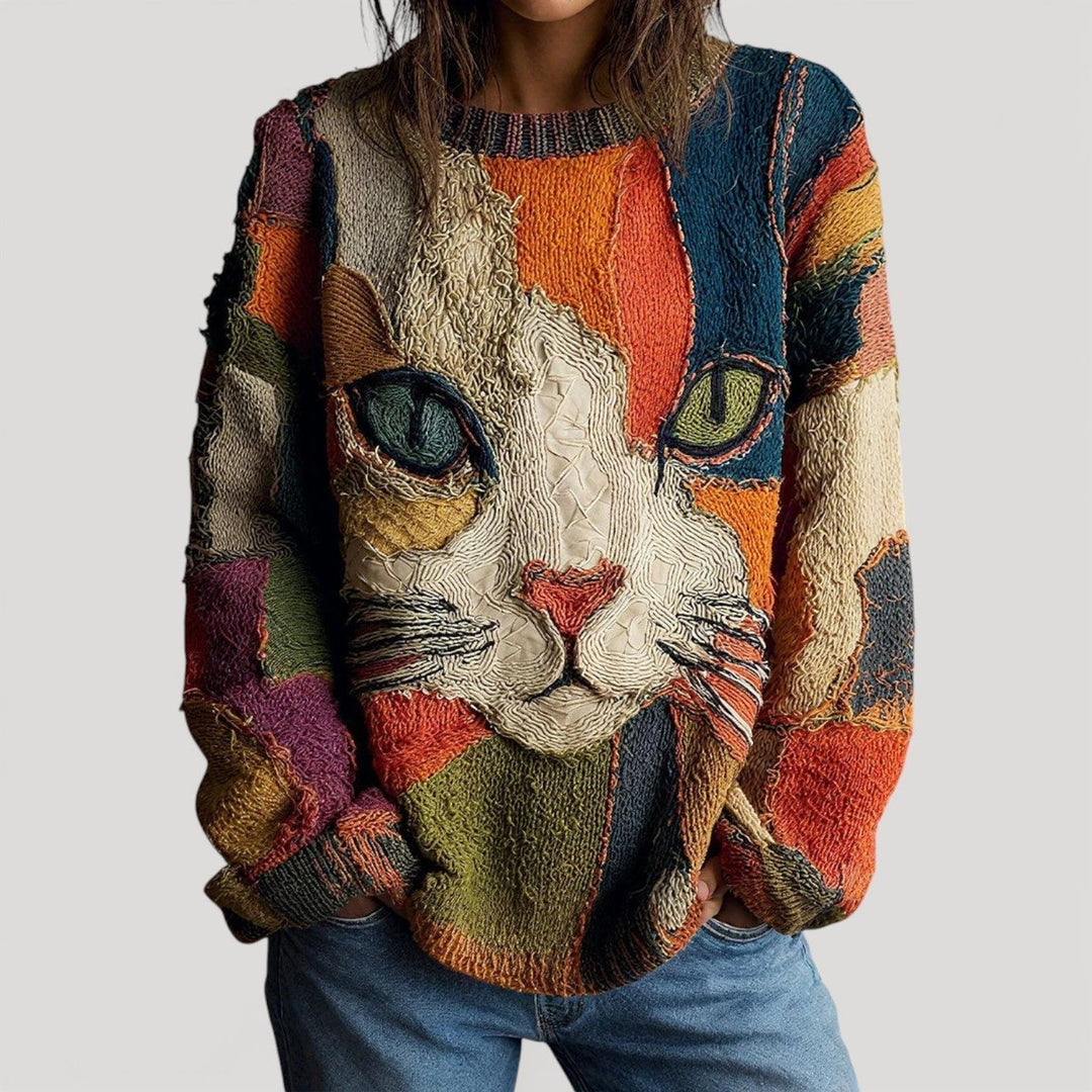 Women's Relaxed-Fit Cat Graphic Crewneck Knit Sweater - Multicolor