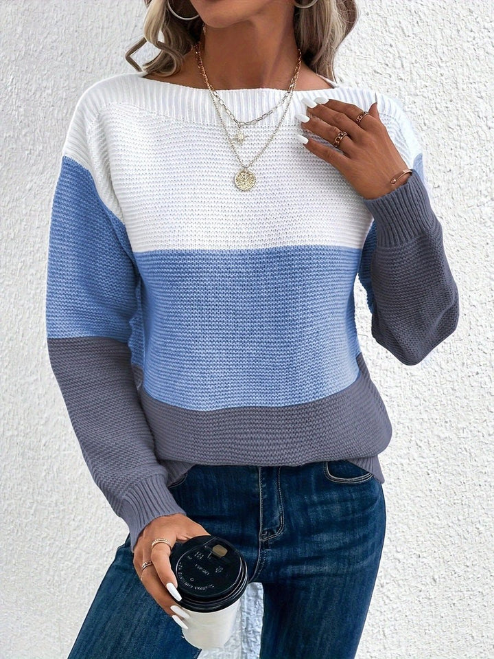 Women's Relaxed-Fit Color-Block Crewneck Knit Sweater - Blue