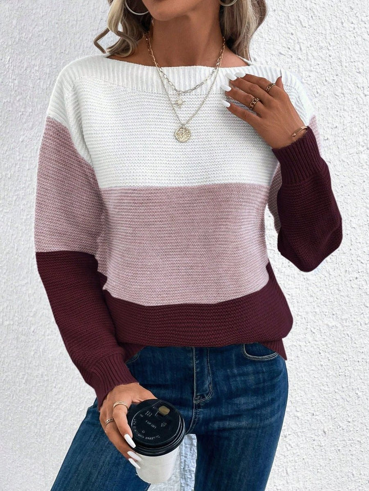 Women's Relaxed-Fit Color-Block Crewneck Knit Sweater - Burgundy