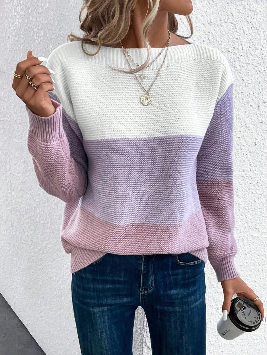 Women's Relaxed-Fit Color-Block Crewneck Knit Sweater - Purple