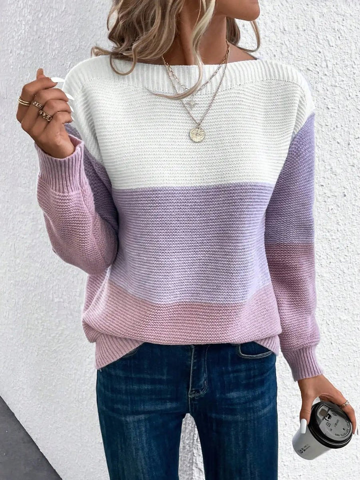 Women's Relaxed-Fit Color-Block Crewneck Knit Sweater - Purple