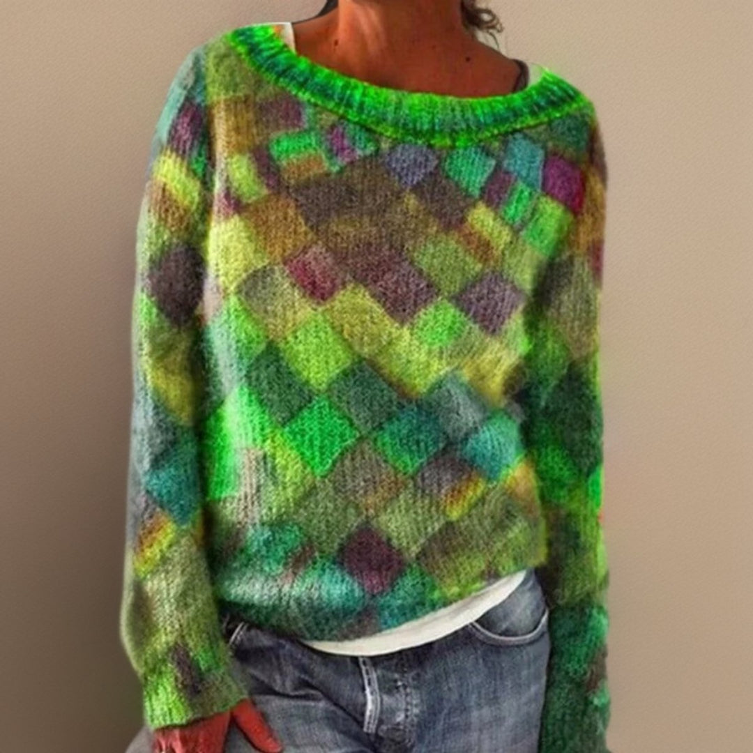 Women's Relaxed-Fit Colorblock Argyle Knit Sweater - Green