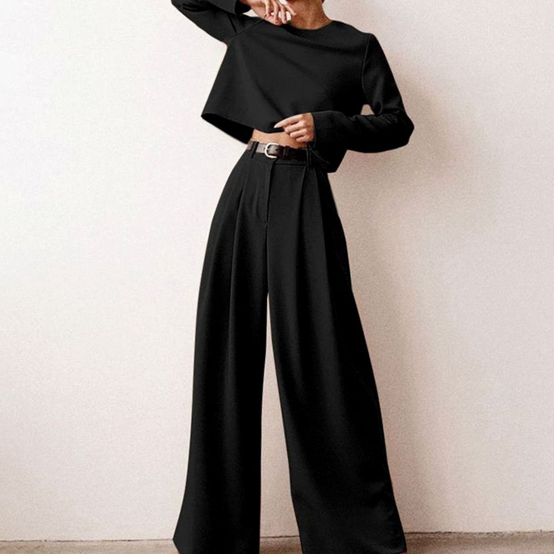 Women's Relaxed Fit Cropped Top Wide-Leg Pants Outfit Set - Black