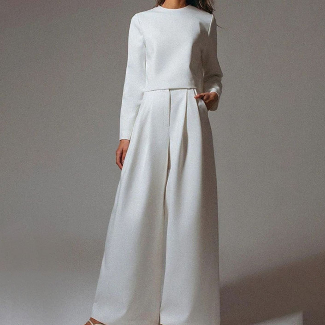 Women's Relaxed Fit Cropped Top Wide-Leg Pants Outfit Set - White