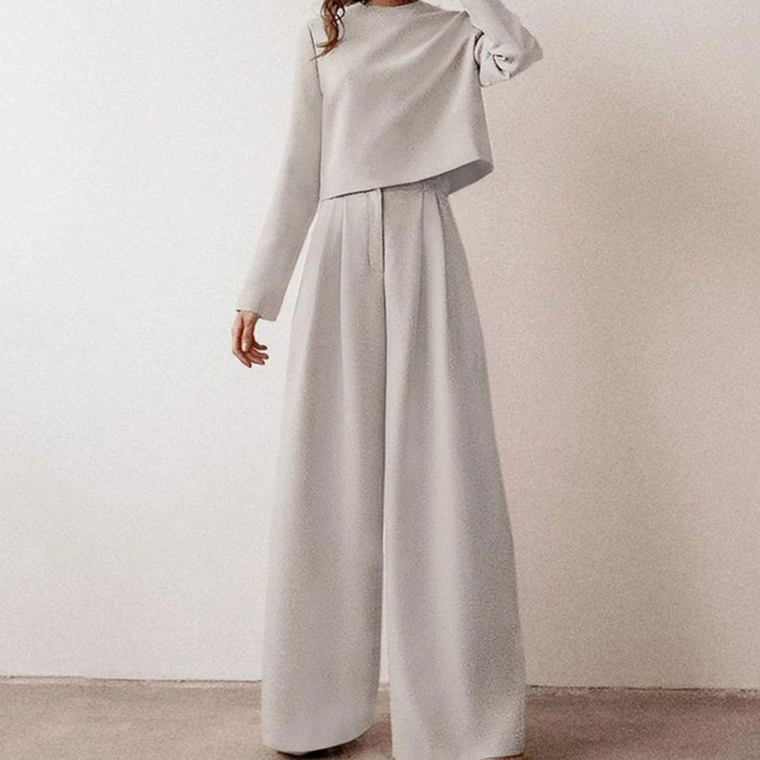Women's Relaxed Fit Cropped Top Wide-Leg Pants Outfit Set - Gray