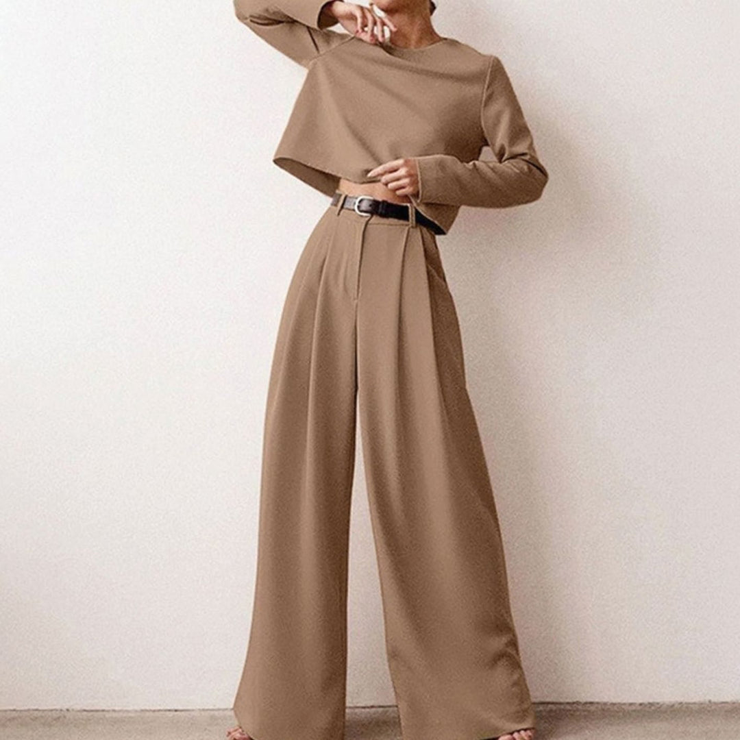 Women's Relaxed Fit Cropped Top Wide-Leg Pants Outfit Set - Khaki