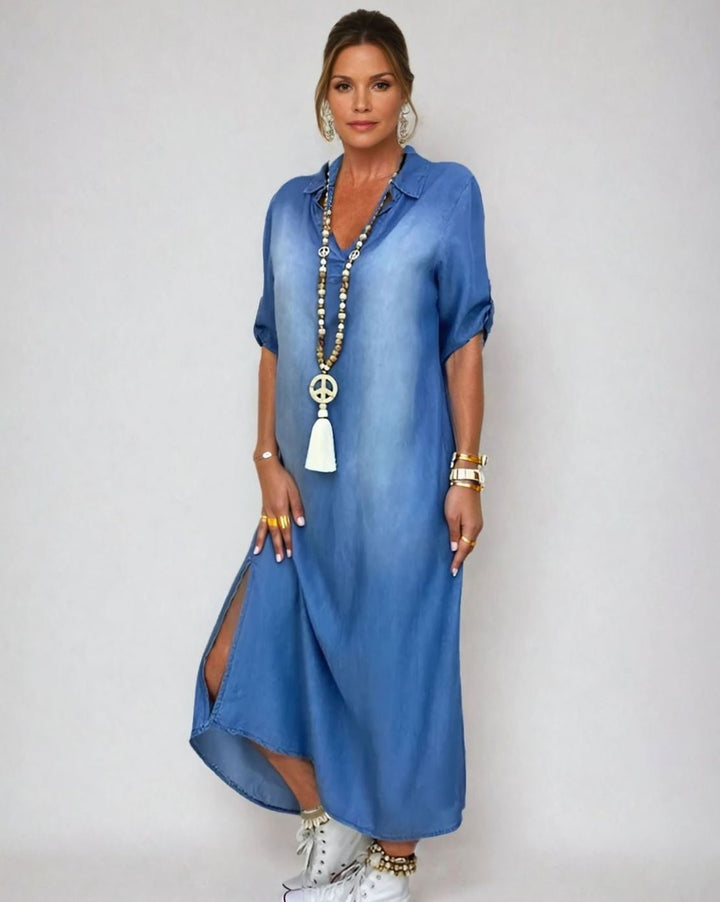 Women's Relaxed-Fit Denim-Look Maxi Shirt Dress Side Slit