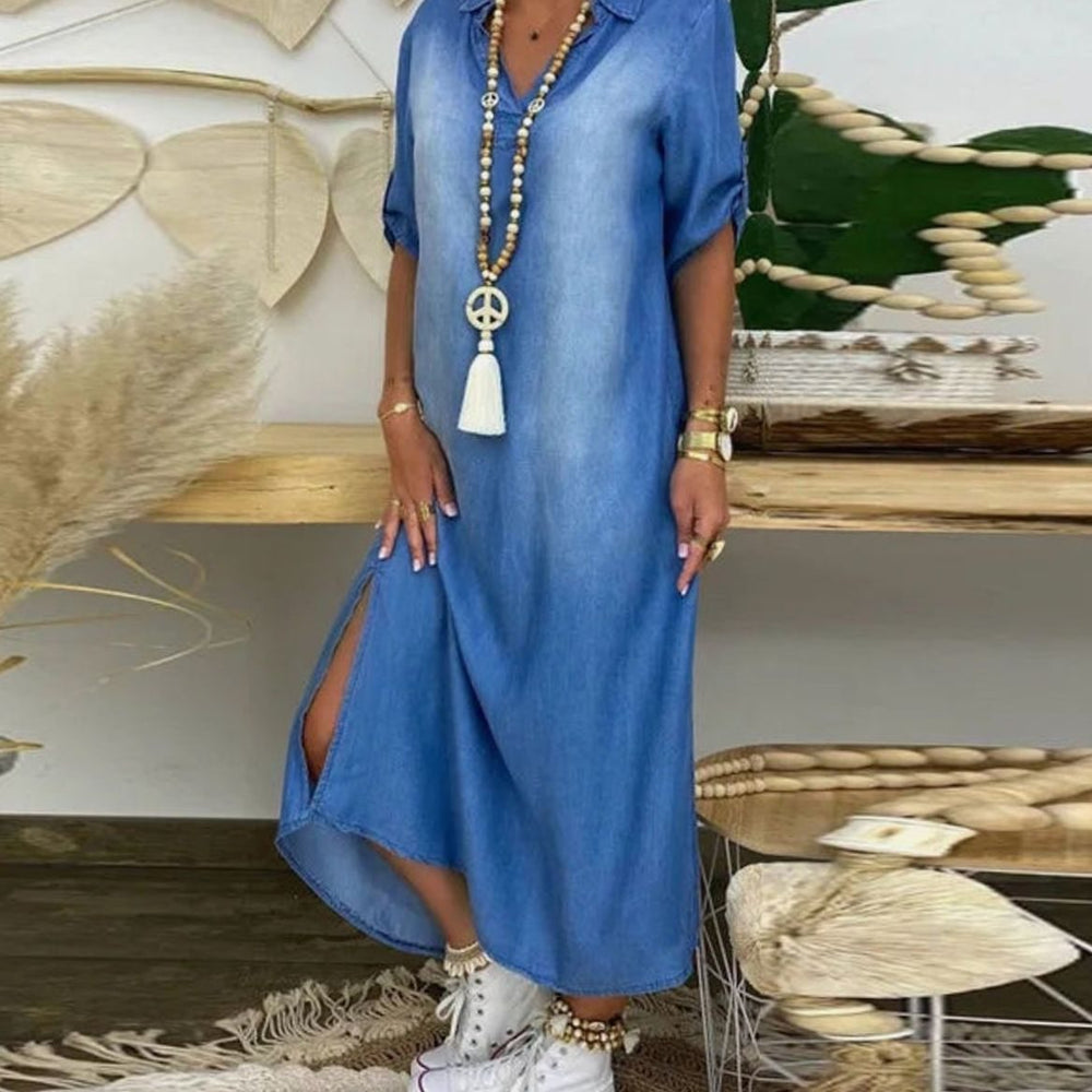 Women's Relaxed-Fit Denim-Look Maxi Shirt Dress Side Slit - Blue