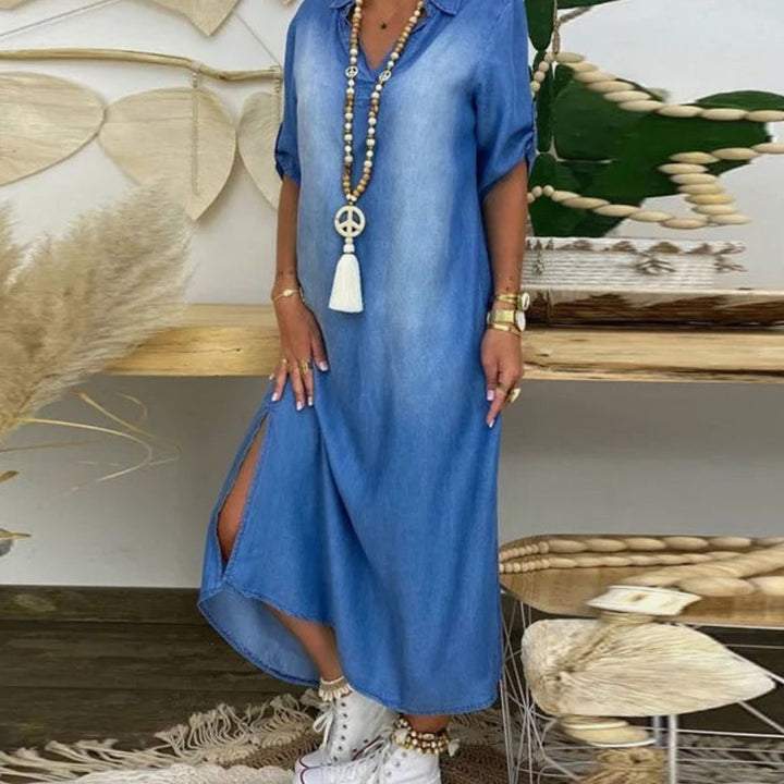 Women's Relaxed-Fit Denim-Look Maxi Shirt Dress Side Slit - Blue