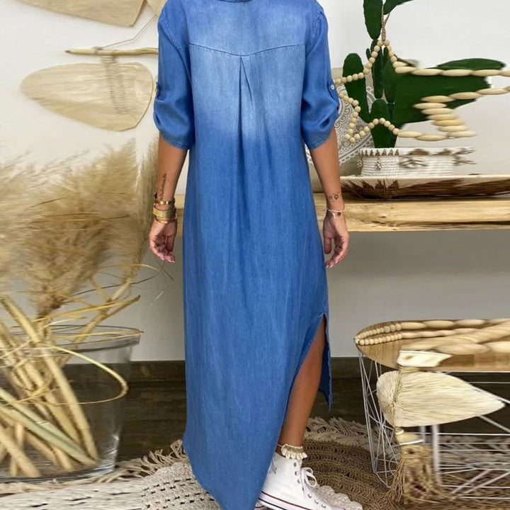 Women's Relaxed-Fit Denim-Look Maxi Shirt Dress Side Slit