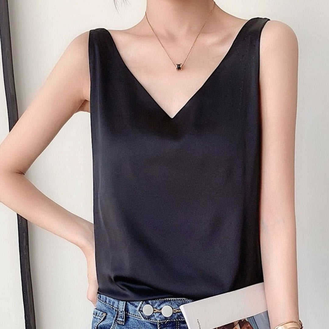 Women's Relaxed-Fit Draped V-Neck Satin Tanks - Black