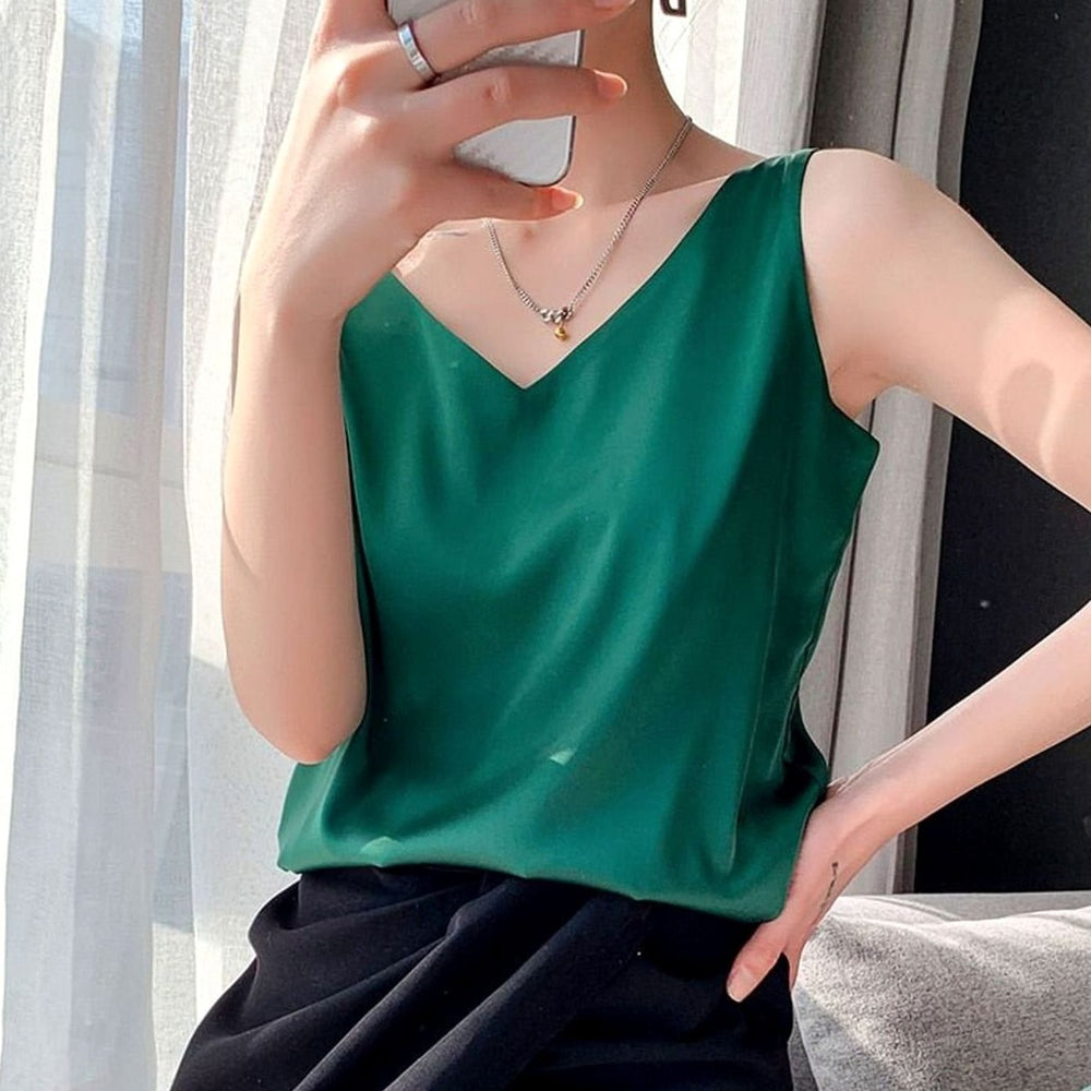 Women's Relaxed-Fit Draped V-Neck Satin Tanks - Green