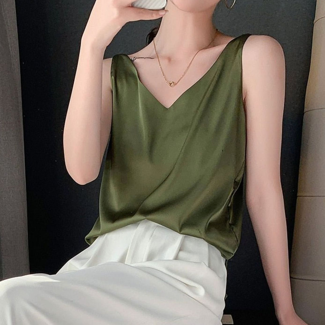 Women's Relaxed-Fit Draped V-Neck Satin Tanks - Army Green