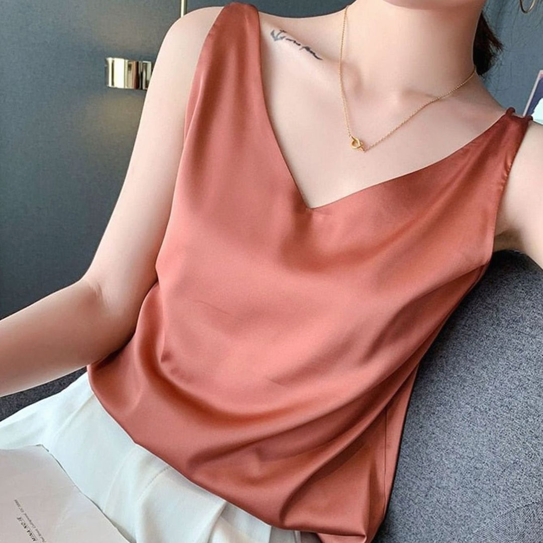Women's Relaxed-Fit Draped V-Neck Satin Tanks - Orange
