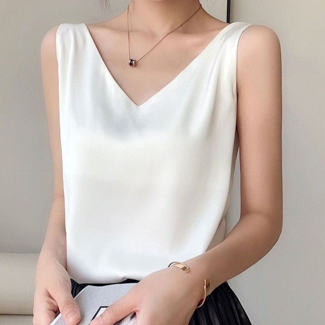 Women's Relaxed-Fit Draped V-Neck Satin Tanks - White