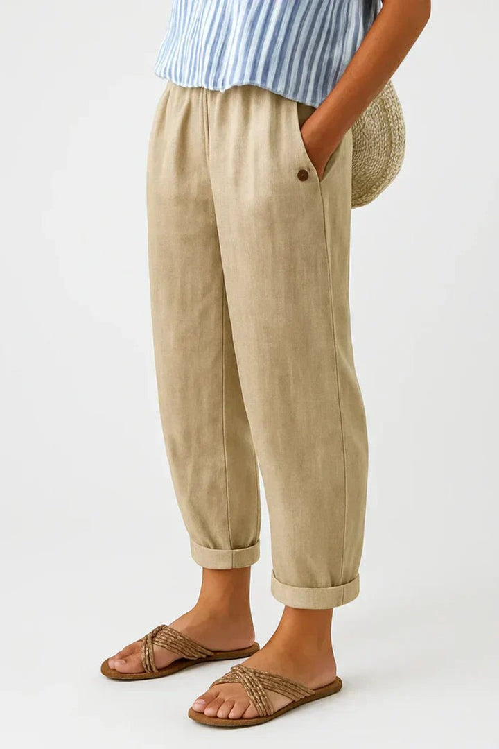 Women's Relaxed-Fit Elastic-Waist Cuffed Linen Pants - Beige