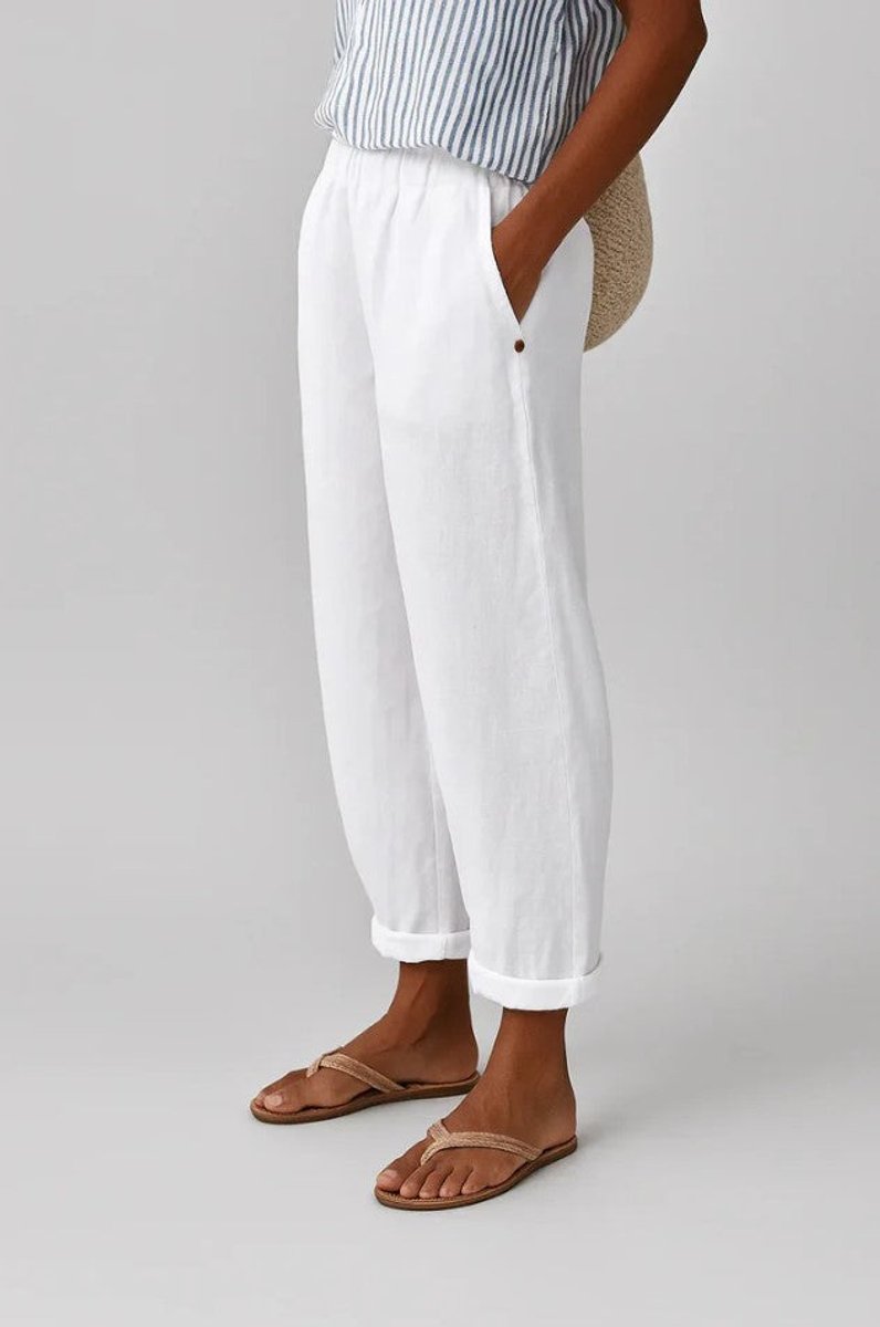 Women's Relaxed-Fit Elastic-Waist Cuffed Linen Pants - White