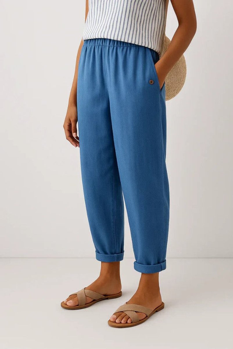 Women's Relaxed-Fit Elastic-Waist Cuffed Linen Pants - Blue