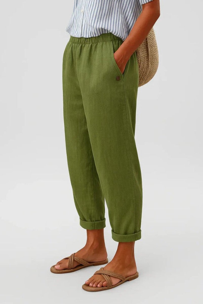 Women's Relaxed-Fit Elastic-Waist Cuffed Linen Pants - Olive Green