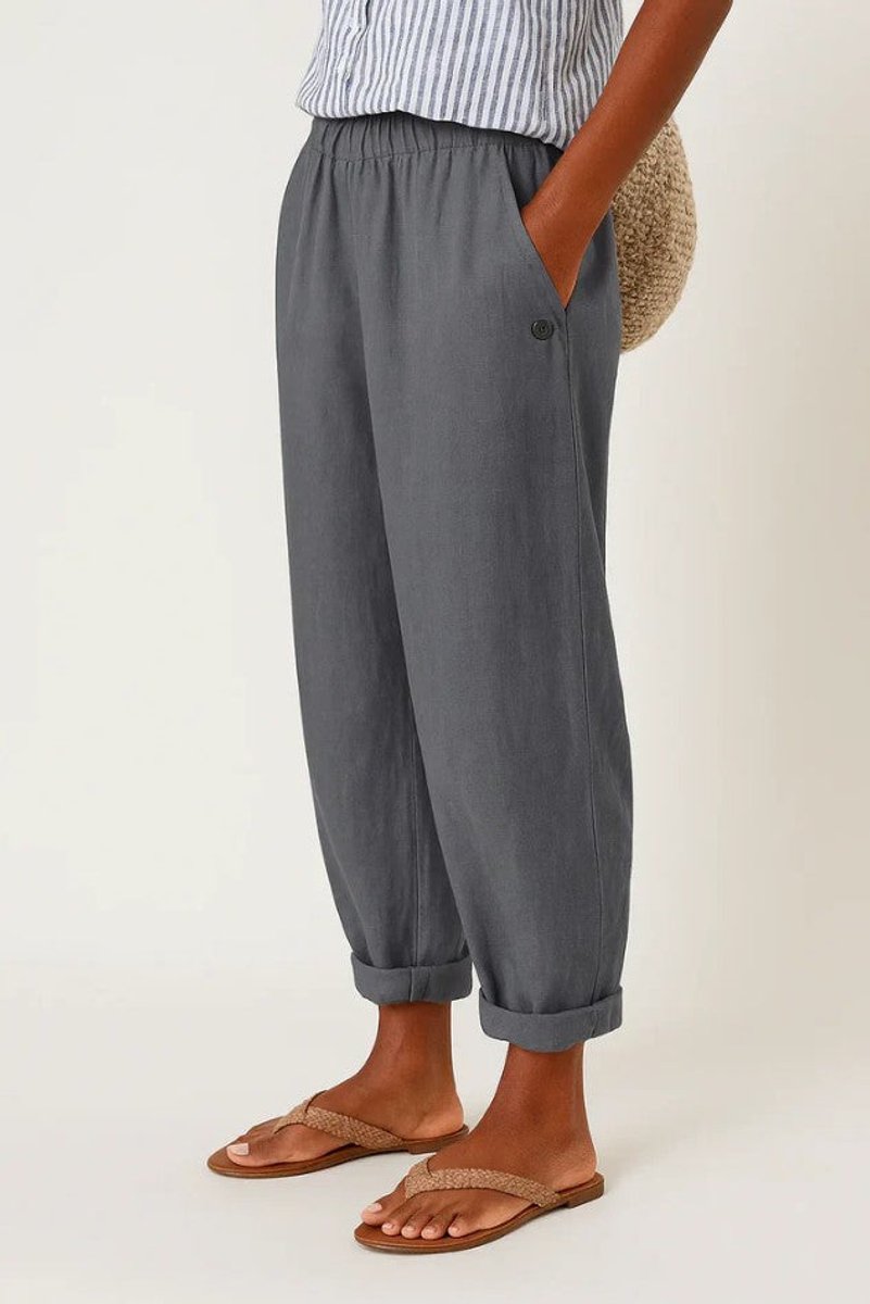Women's Relaxed-Fit Elastic-Waist Cuffed Linen Pants - Dark Gray