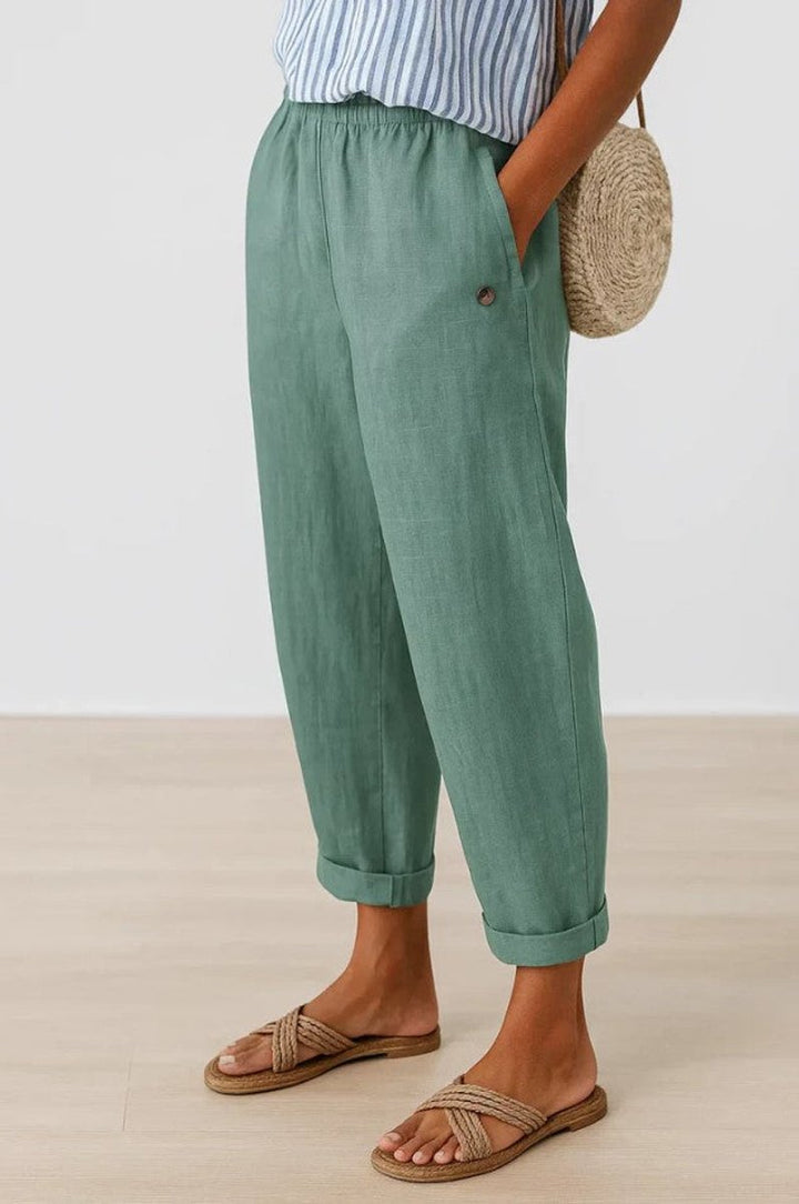 Women's Relaxed-Fit Elastic-Waist Cuffed Linen Pants - Turquoise