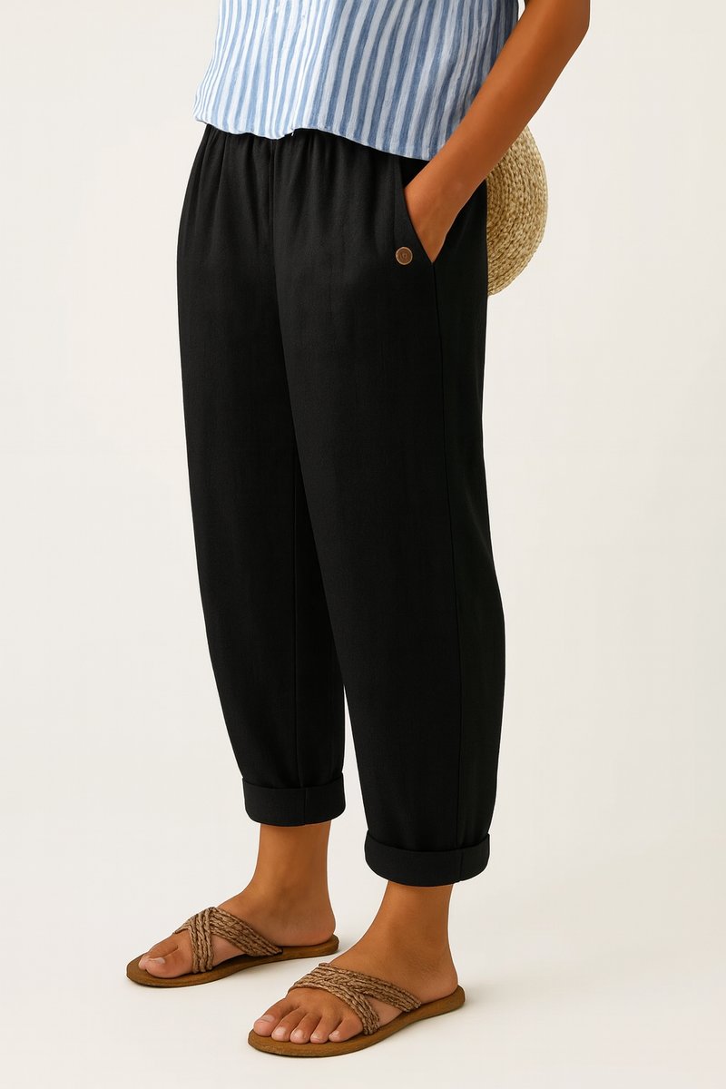 Women's Relaxed-Fit Elastic-Waist Cuffed Linen Pants - Black