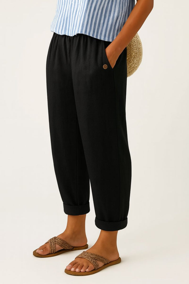 Women's Relaxed-Fit Elastic-Waist Cuffed Linen Pants - Black