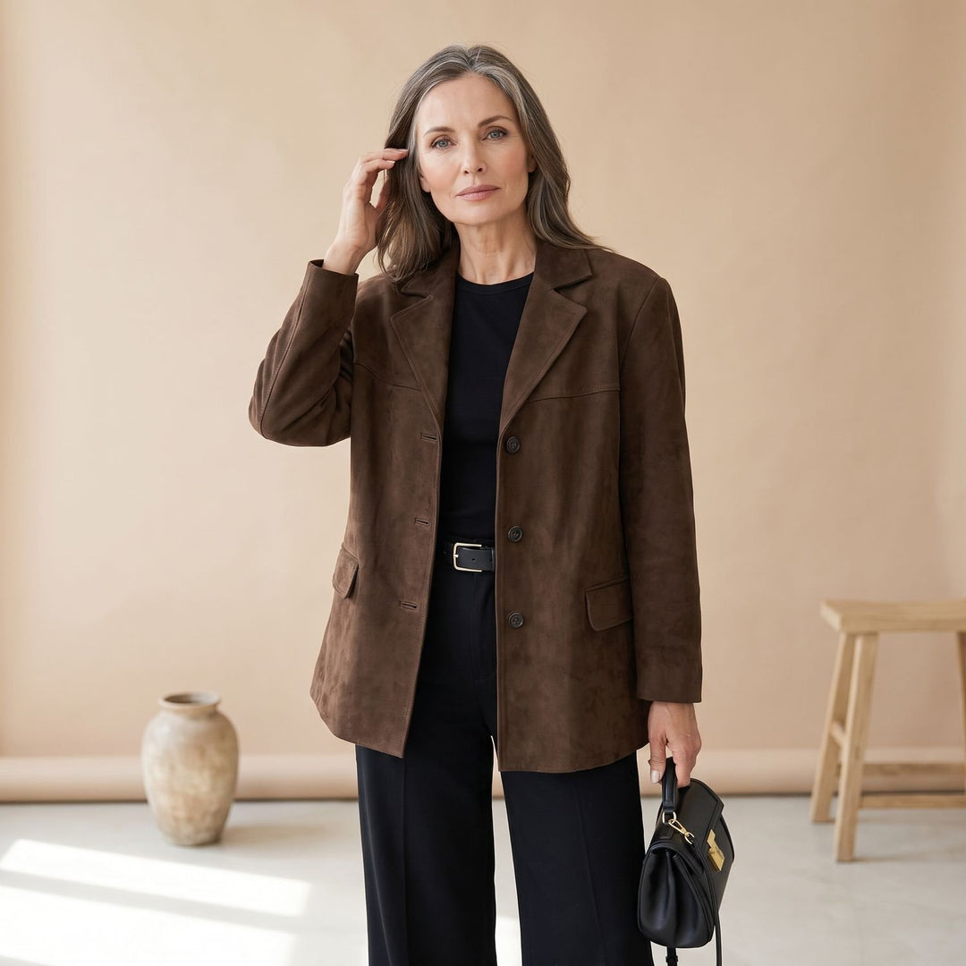 Women's Relaxed-Fit Faux Suede Notch-Lapel Blazer - Brown