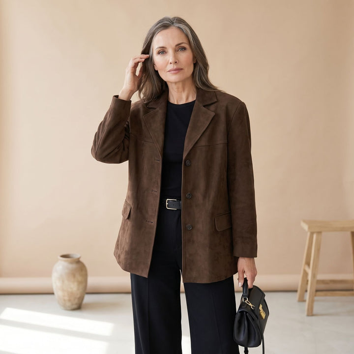 Women's Relaxed-Fit Faux Suede Notch-Lapel Blazer - Brown