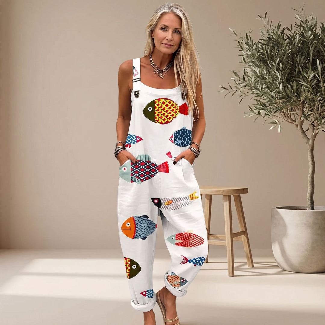 Women's Relaxed-Fit Fish Print Adjustable-Strap Jumpsuit
