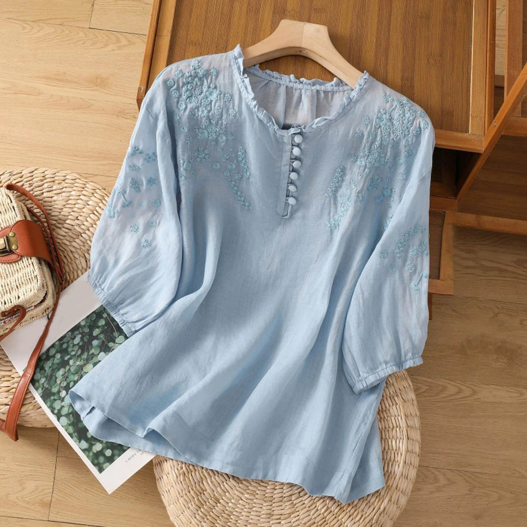 Women's Relaxed-Fit Floral Embroidered Ruffle-Neck Puff-Sleeve Blouse - Blue