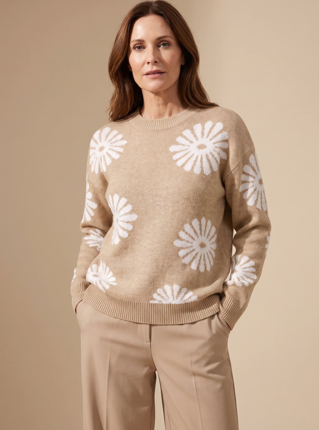 Women's Relaxed-Fit Floral Intarsia Knit Crewneck Sweater - Khaki