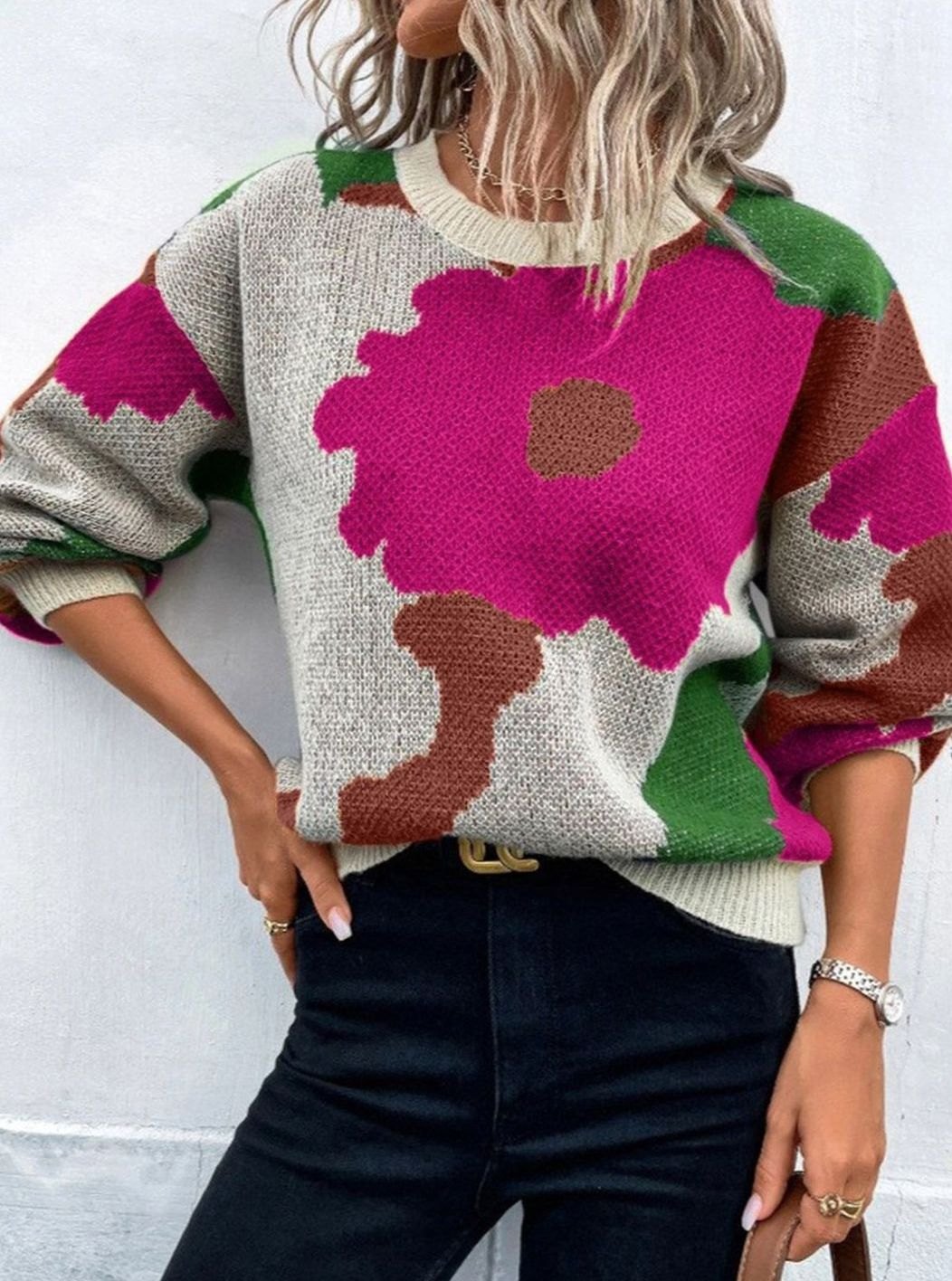 Women's Relaxed-Fit Floral Knit Pullover Sweater - Red