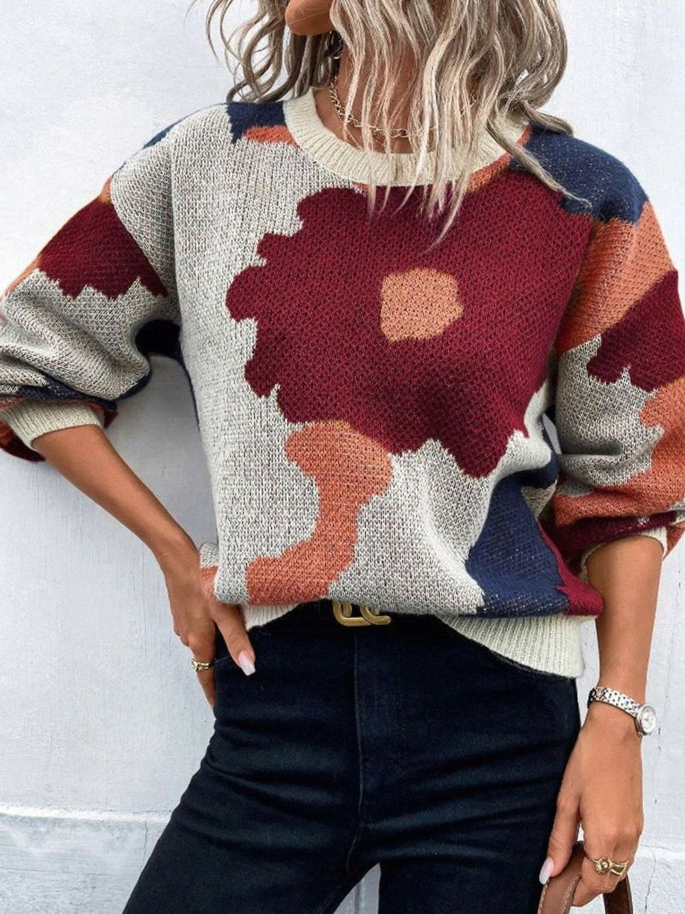 Women's Relaxed-Fit Floral Knit Pullover Sweater - Brown