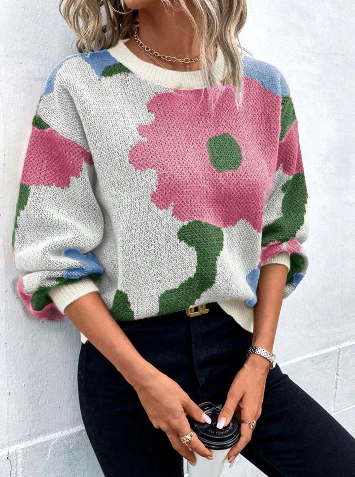 Women's Relaxed-Fit Floral Knit Pullover Sweater - Pink