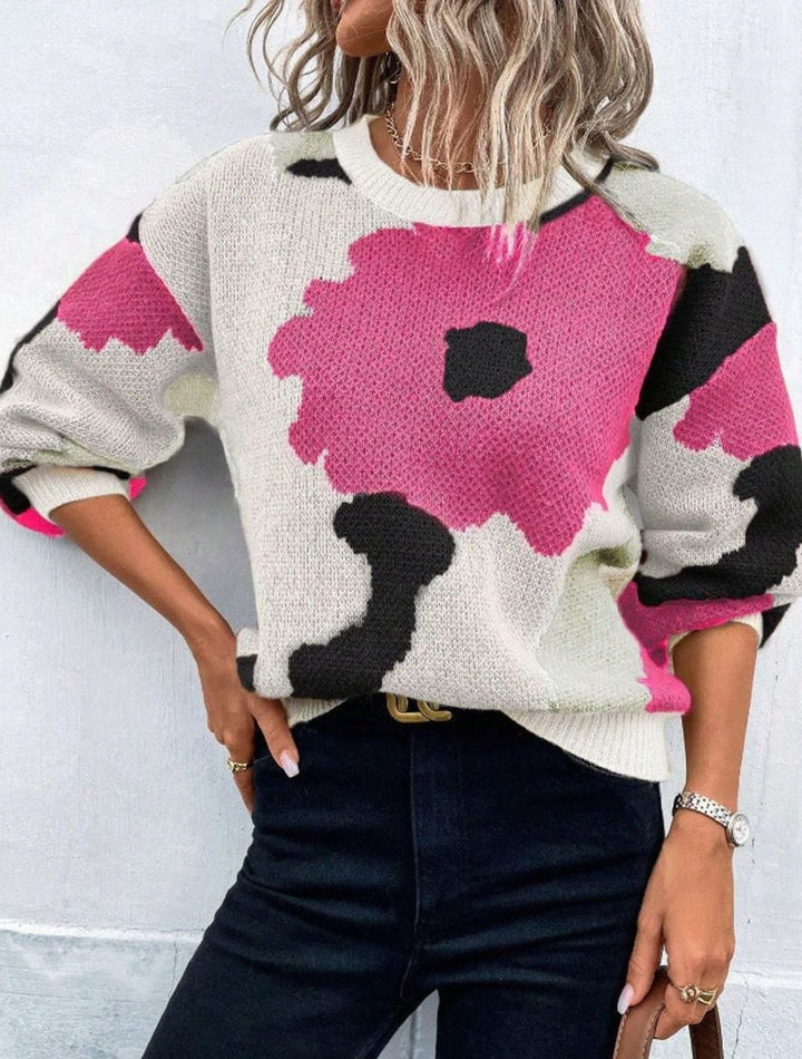 Women's Relaxed-Fit Floral Knit Pullover Sweater - Rose Red