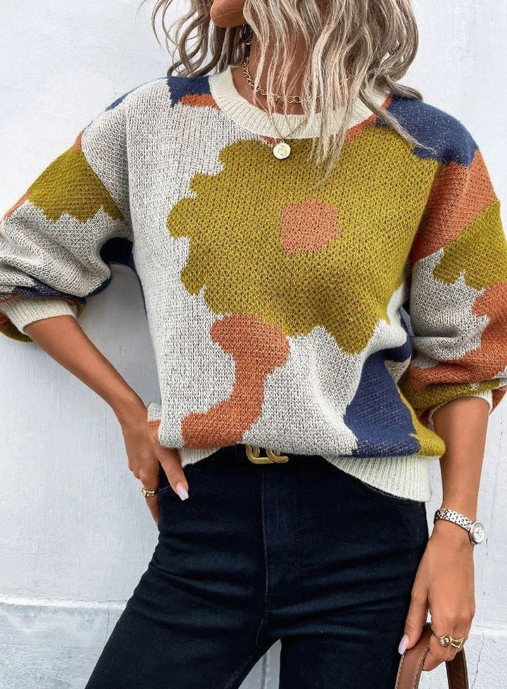 Women's Relaxed-Fit Floral Knit Pullover Sweater - Khaki