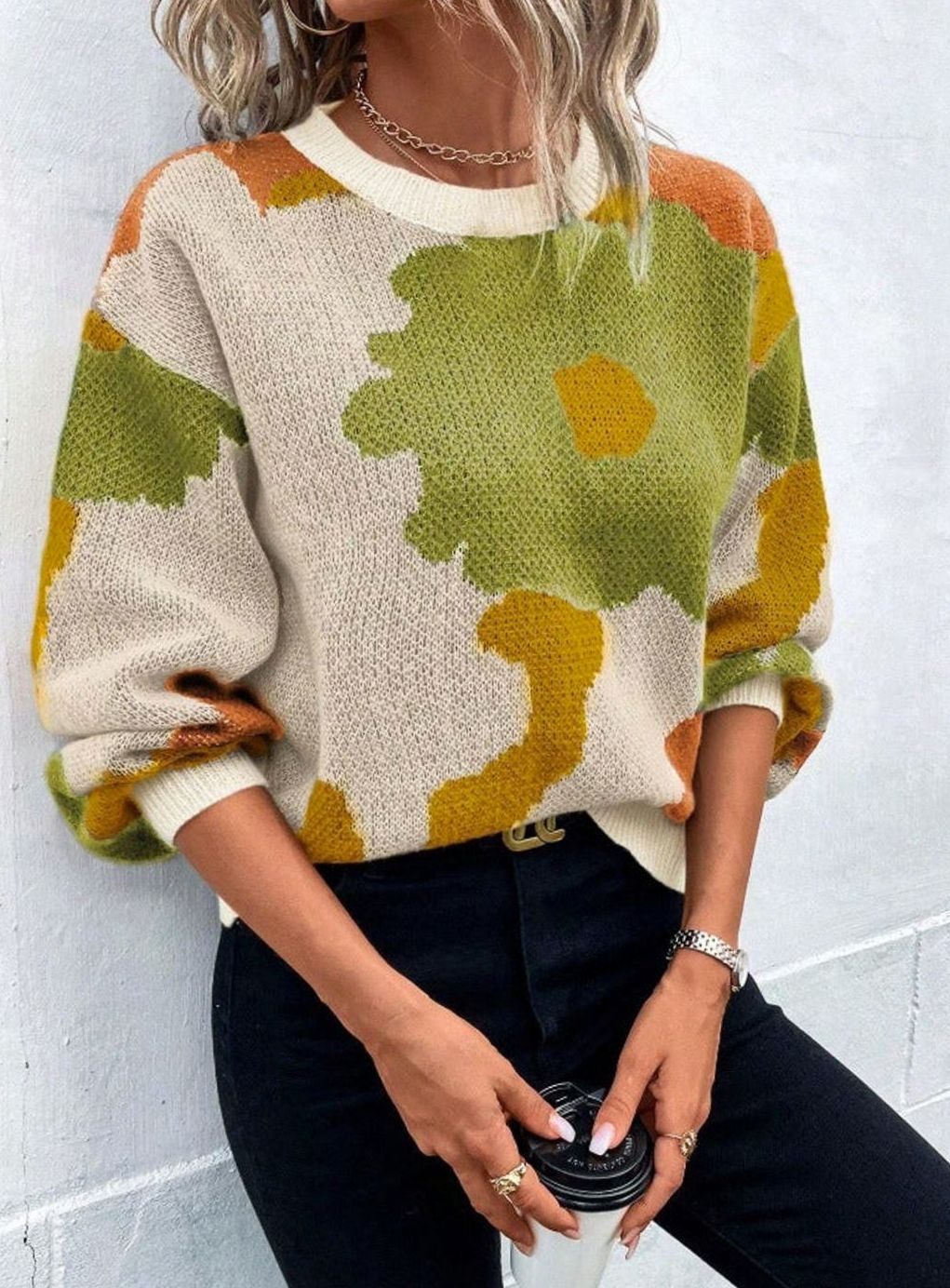 Women's Relaxed-Fit Floral Knit Pullover Sweater - Green