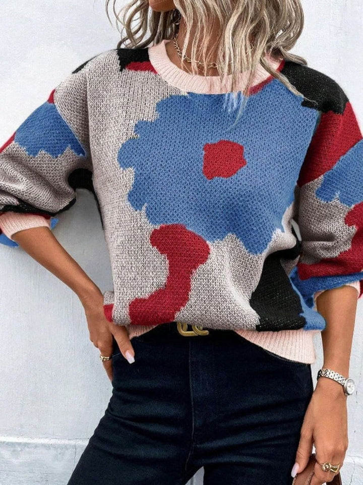 Women's Relaxed-Fit Floral Knit Pullover Sweater - Royal Blue