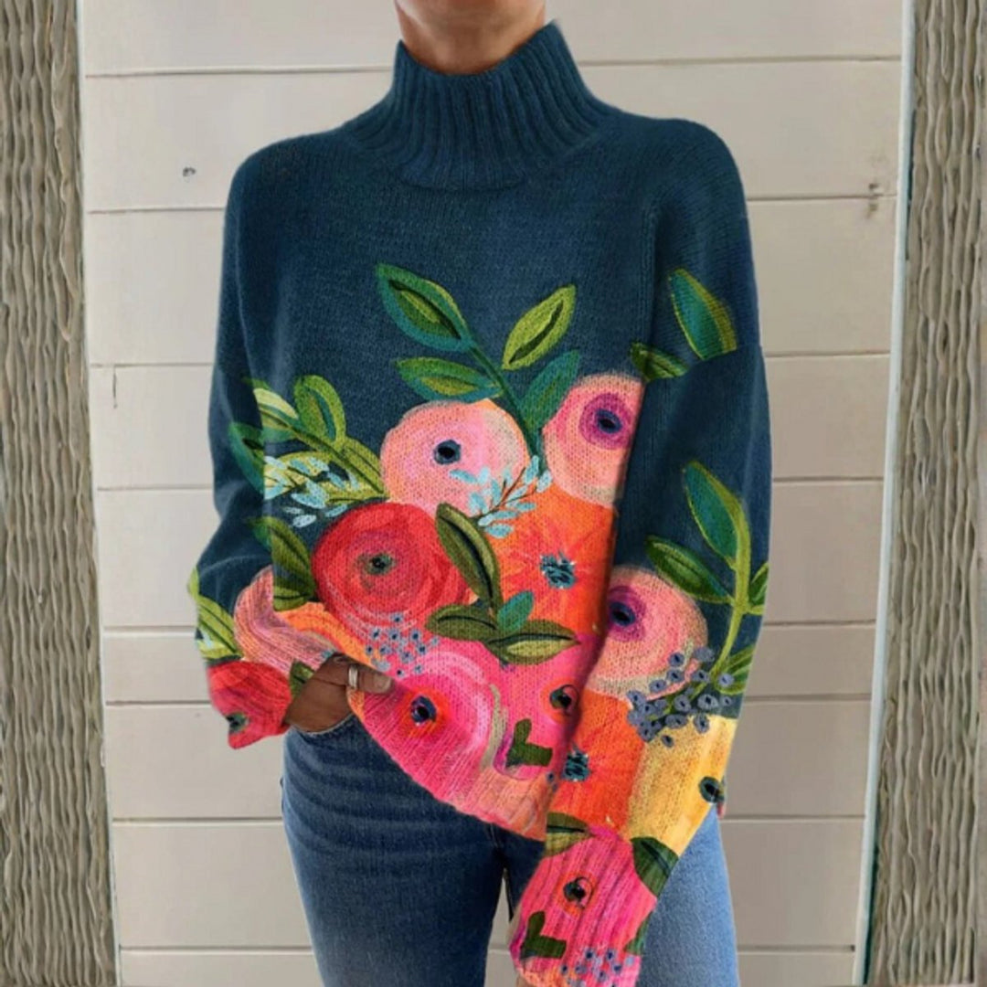 Women's Relaxed-Fit Floral Knit Turtleneck Sweater - Multicolor