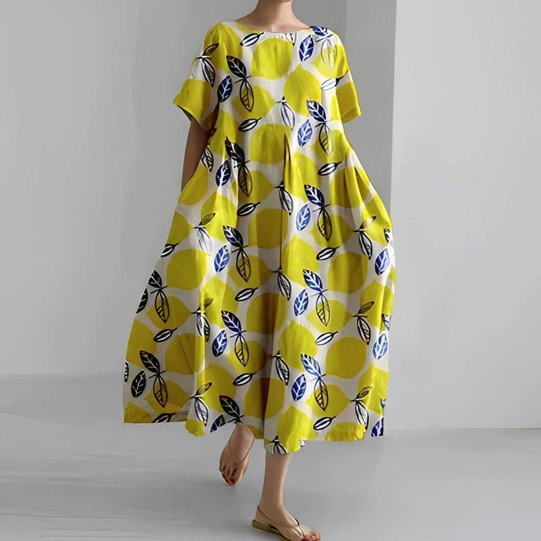 Women's Relaxed-Fit Floral Print Short-Sleeve Midi Dress - Yellow