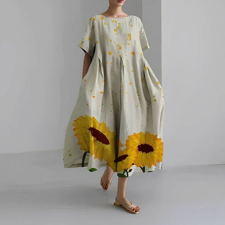 Women's Relaxed-Fit Floral Print Short-Sleeve Midi Dress - White Sunflower