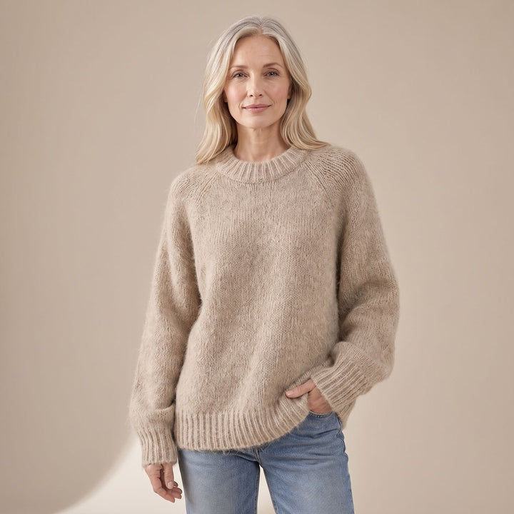 Women's Relaxed-Fit Fluffy Knit Crew Neck Raglan Sweater - Beige