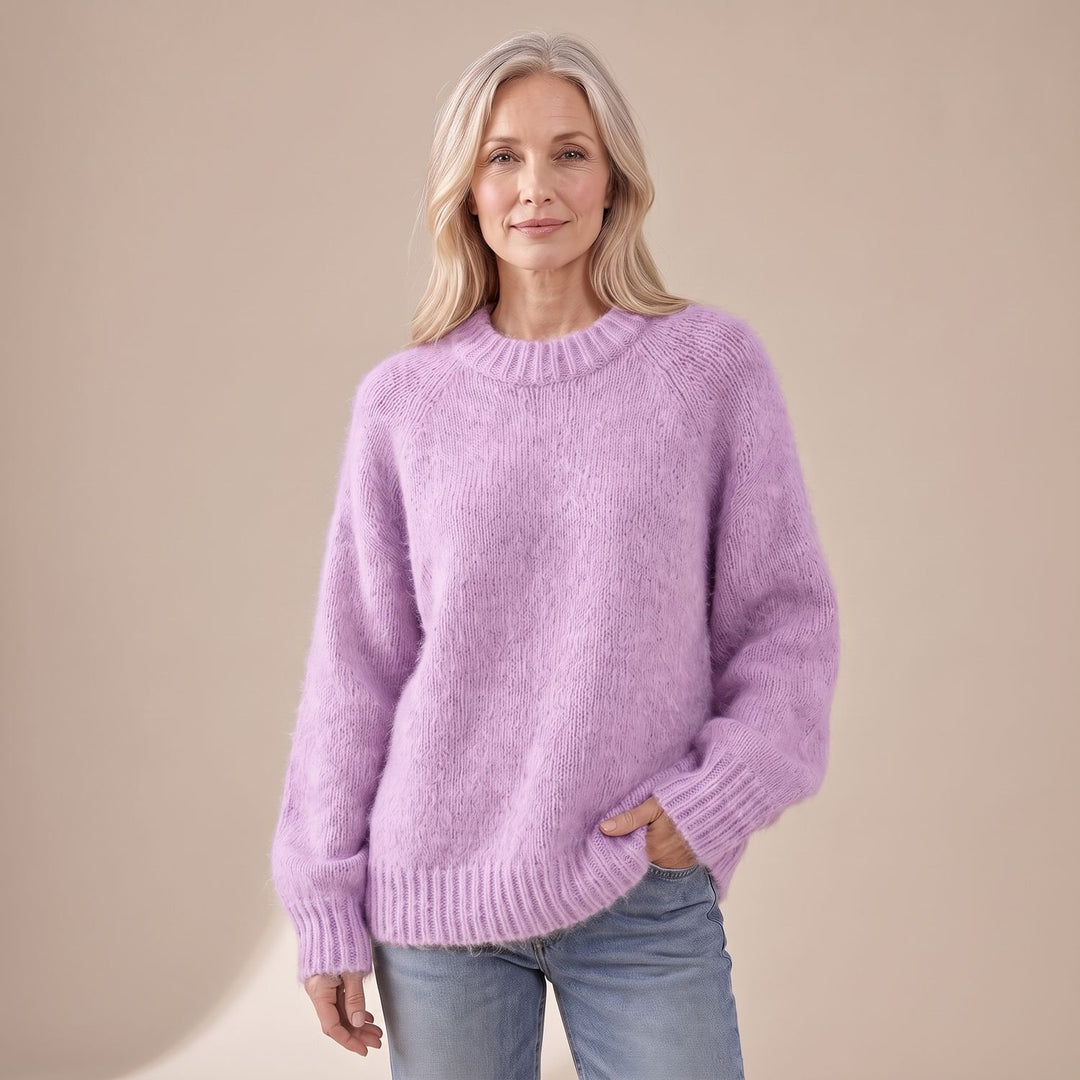 Women's Relaxed-Fit Fluffy Knit Crew Neck Raglan Sweater - Purple