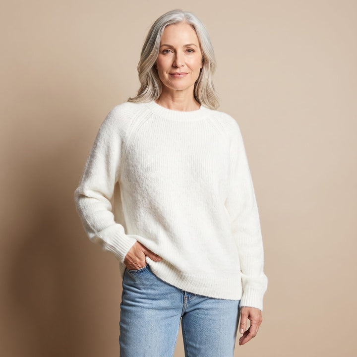 Women's Relaxed-Fit Fluffy Knit Crew Neck Raglan Sweater - White