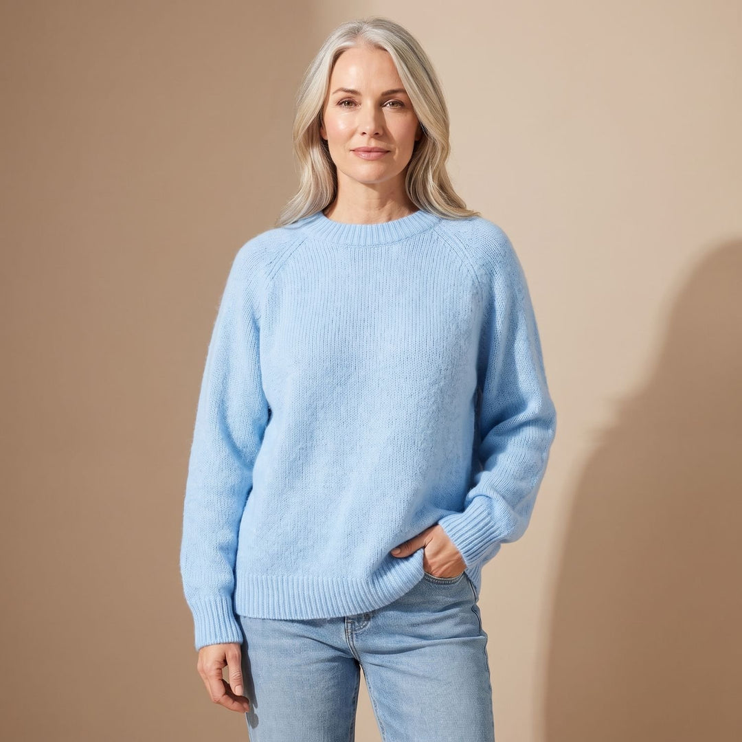 Women's Relaxed-Fit Fluffy Knit Crew Neck Raglan Sweater - Blue