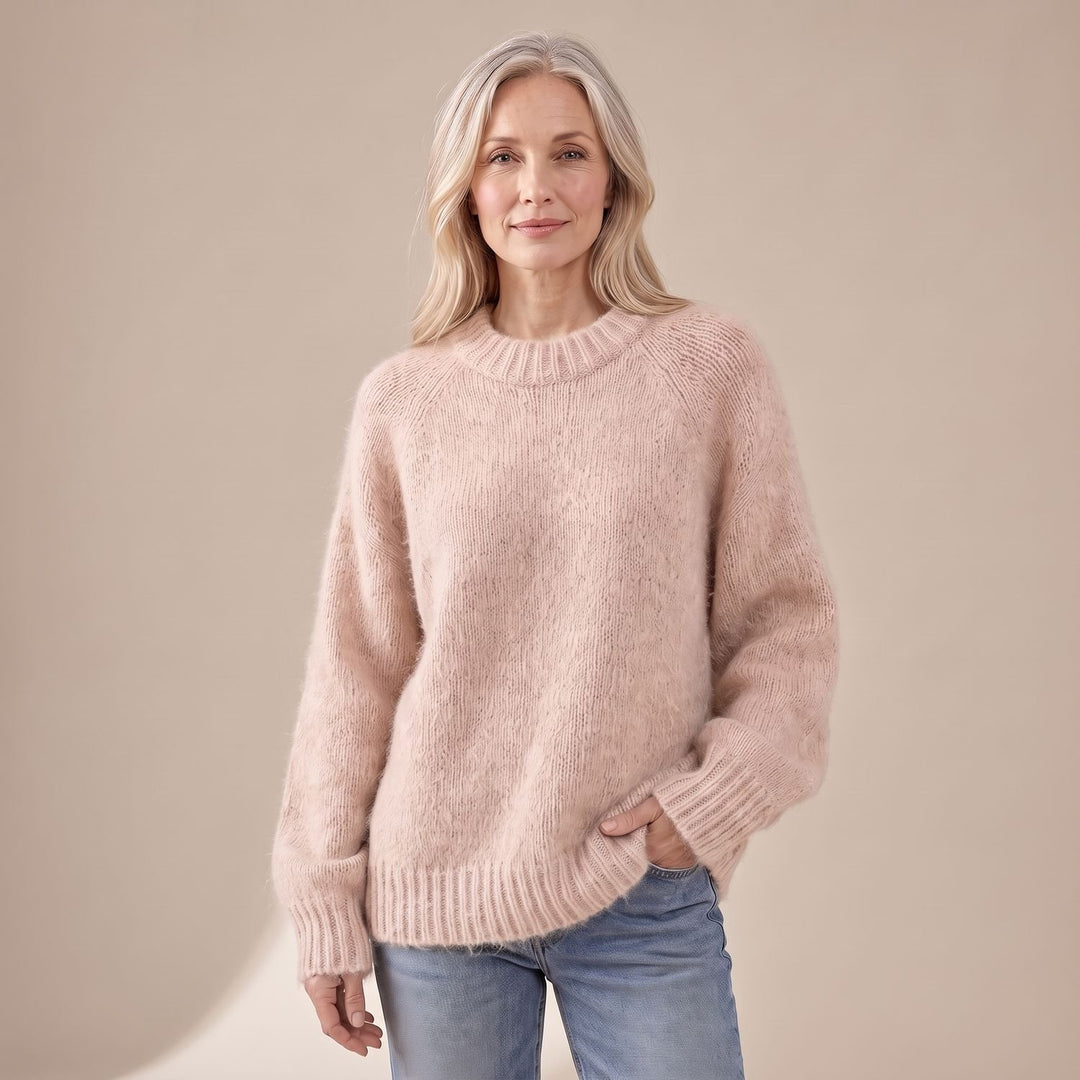 Women's Relaxed-Fit Fluffy Knit Crew Neck Raglan Sweater - Pink